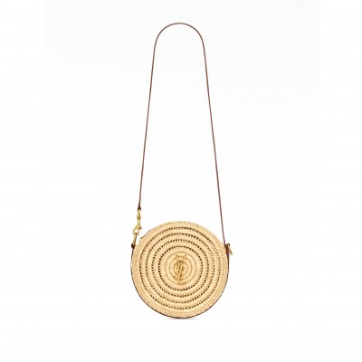 YSL RAFFIA AND LEATHER ROUND BAG NATURAL AND BRICK 744292GAADQ (21*21*4cm)